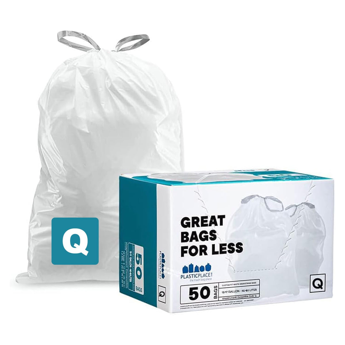 Plasticplace frontal del empaque mostrando 50 bolsas y compatibilidad Code Q para ahorro