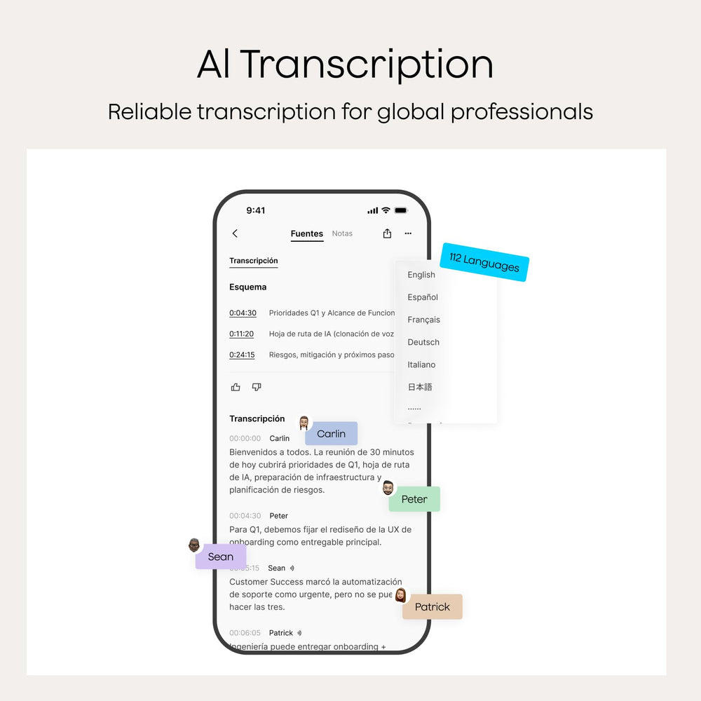 Plaud NotePin S sobre la mesa en reunión, Plaud facilita transcripciones de equipo