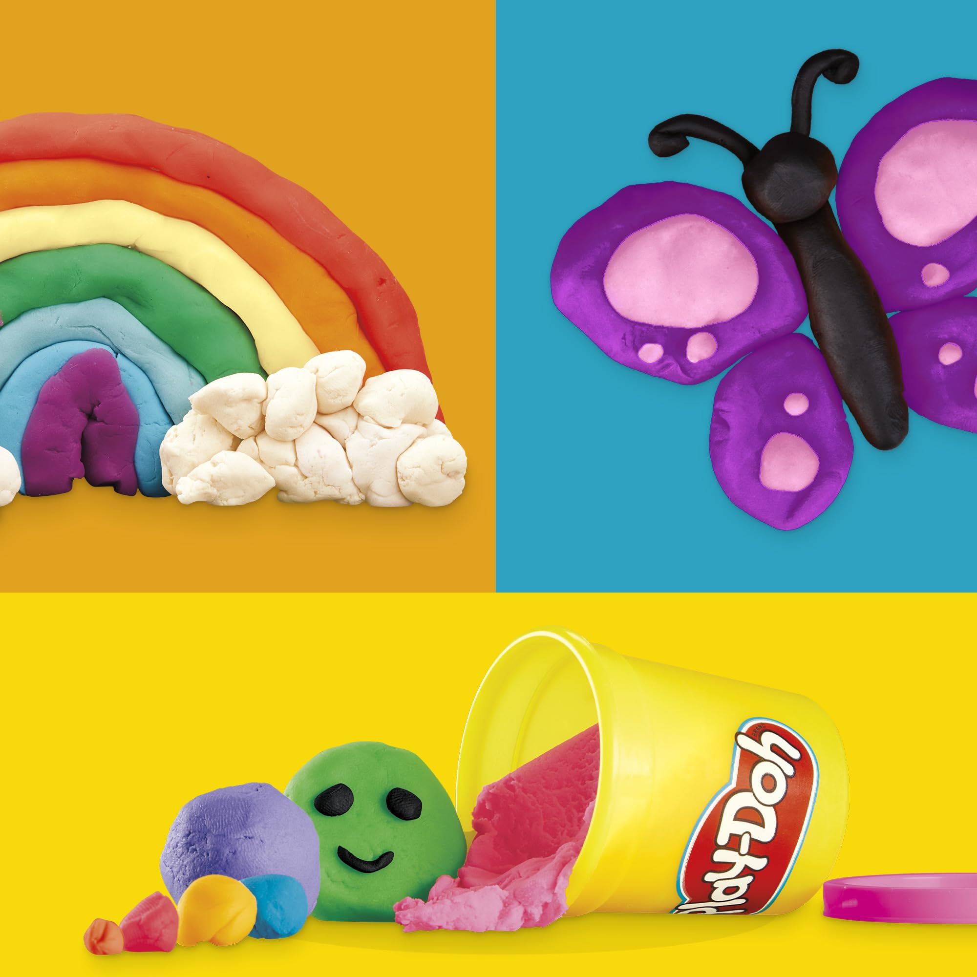 Play‑Doh botes alineados ilustrando la variedad de 36 colores incluidos
