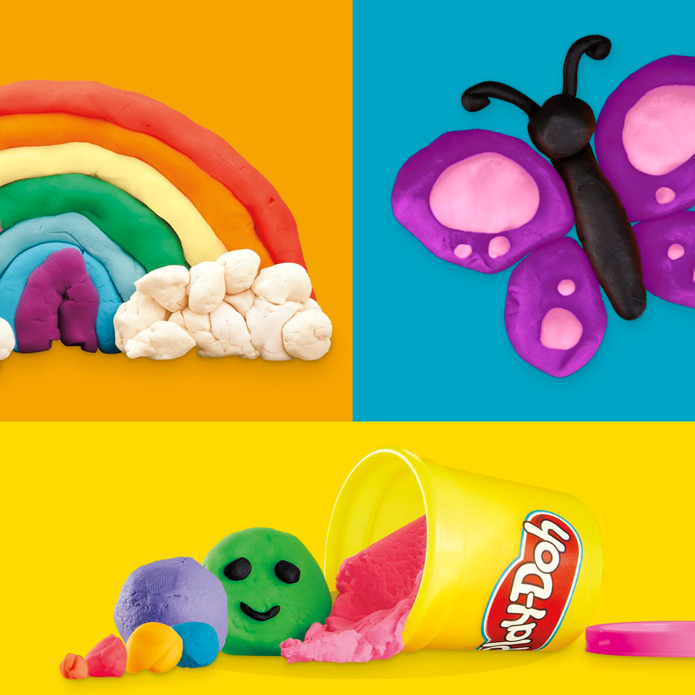 Play‑Doh botes alineados ilustrando la variedad de 36 colores incluidos
