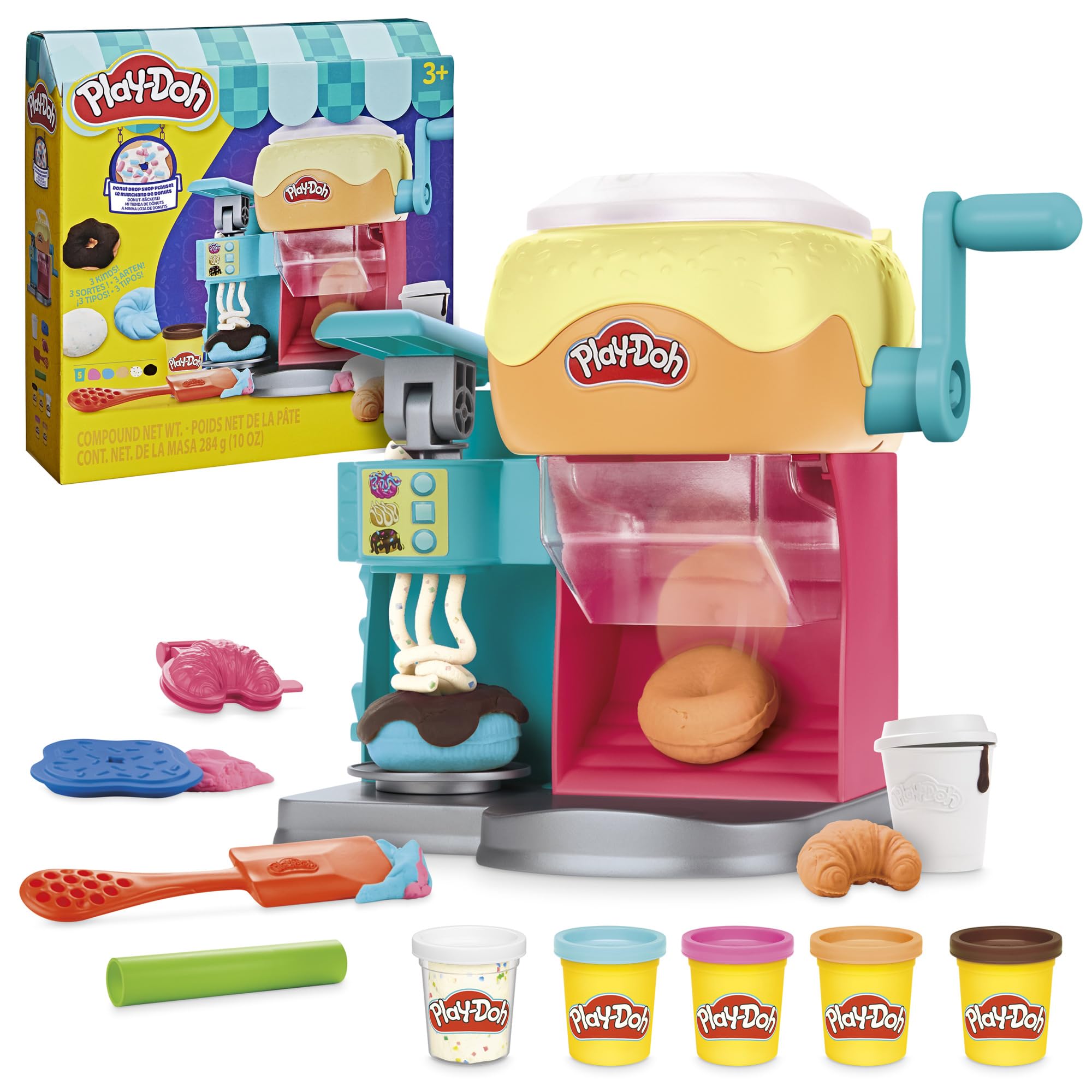 Play‑Doh vista frontal del Donut Drop Shop con accesorios incluidos, fomenta creatividad