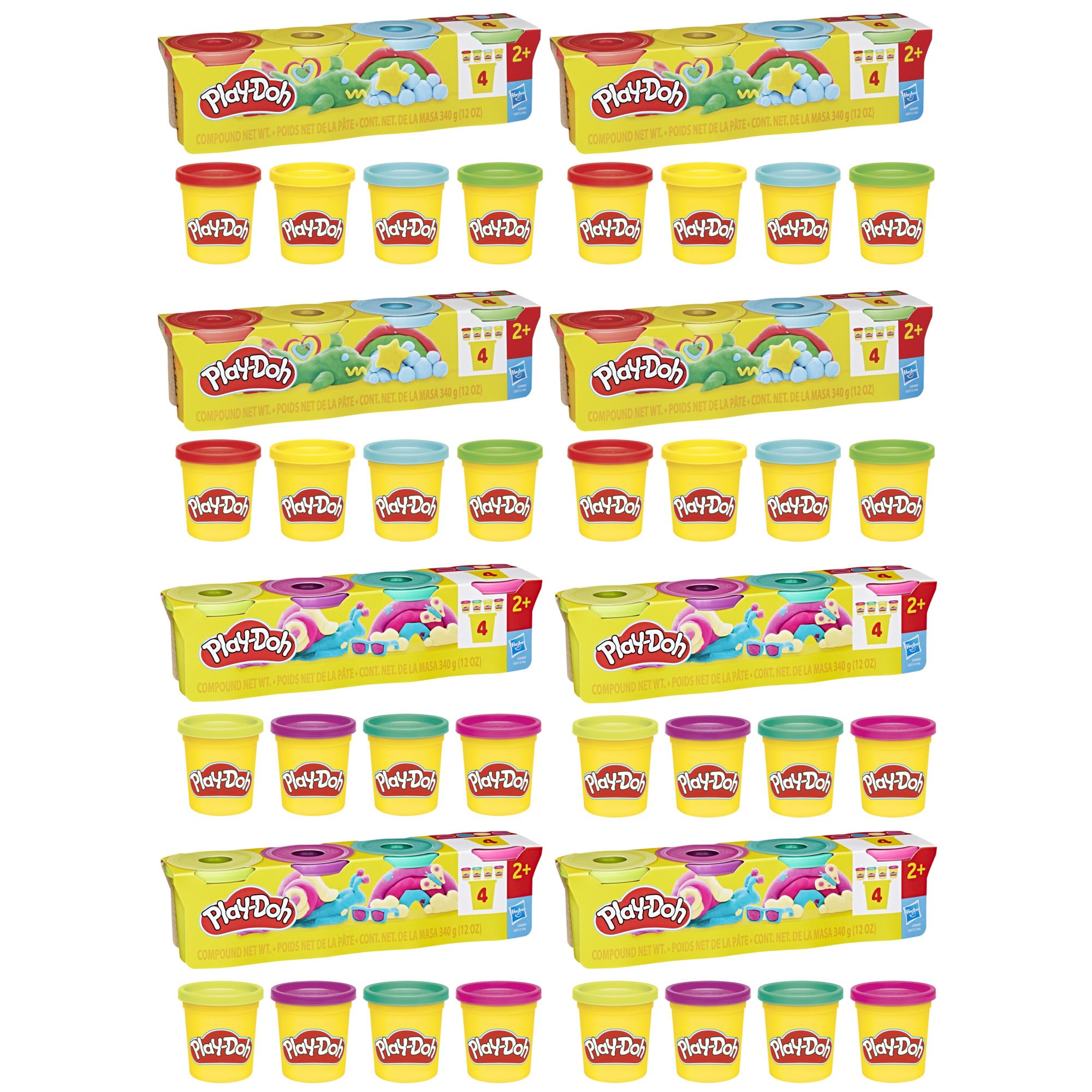 Play‑Doh paquete frontal mostrando 32 latas y colores vivos, ideal para creatividad