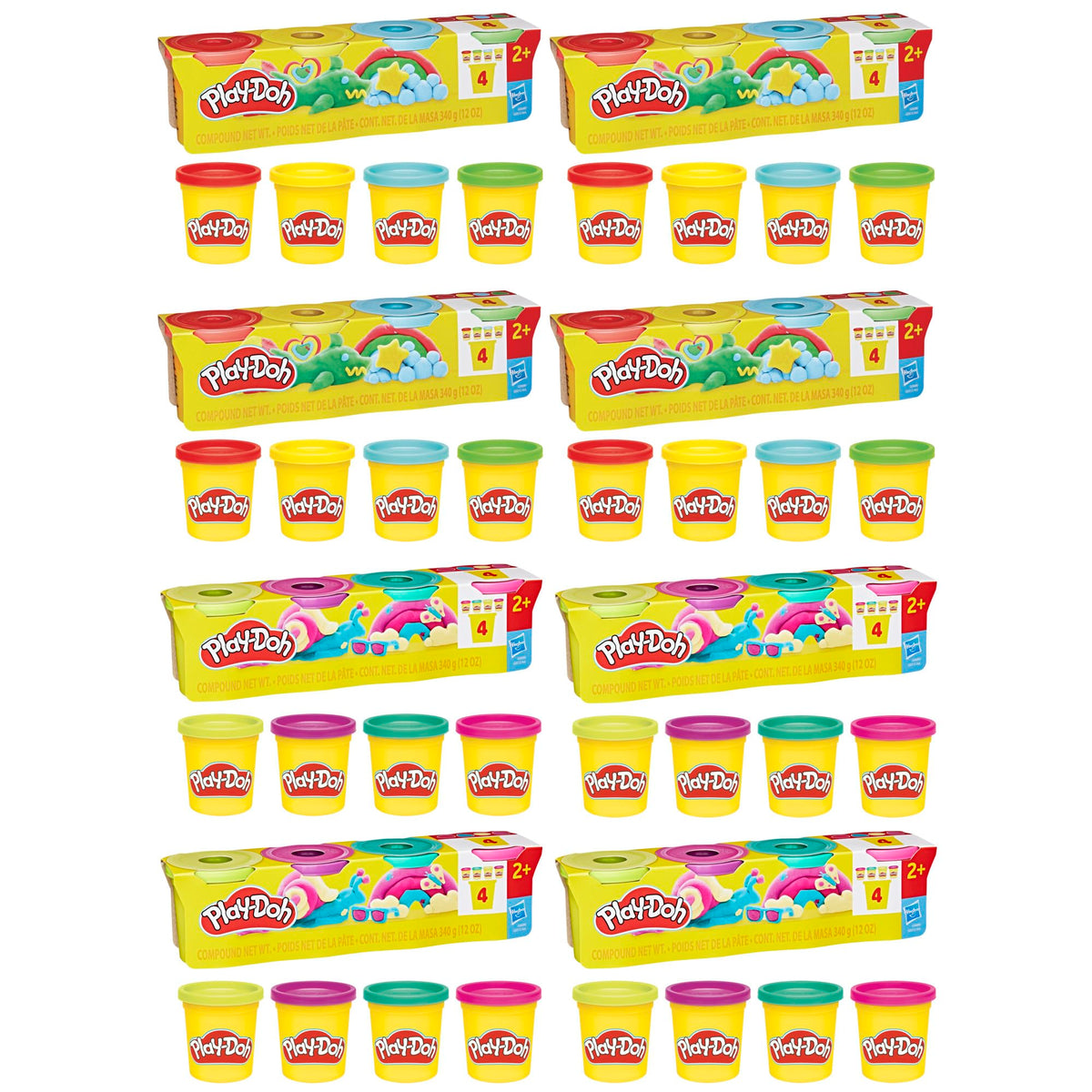 Play‑Doh paquete frontal mostrando 32 latas y colores vivos, ideal para creatividad
