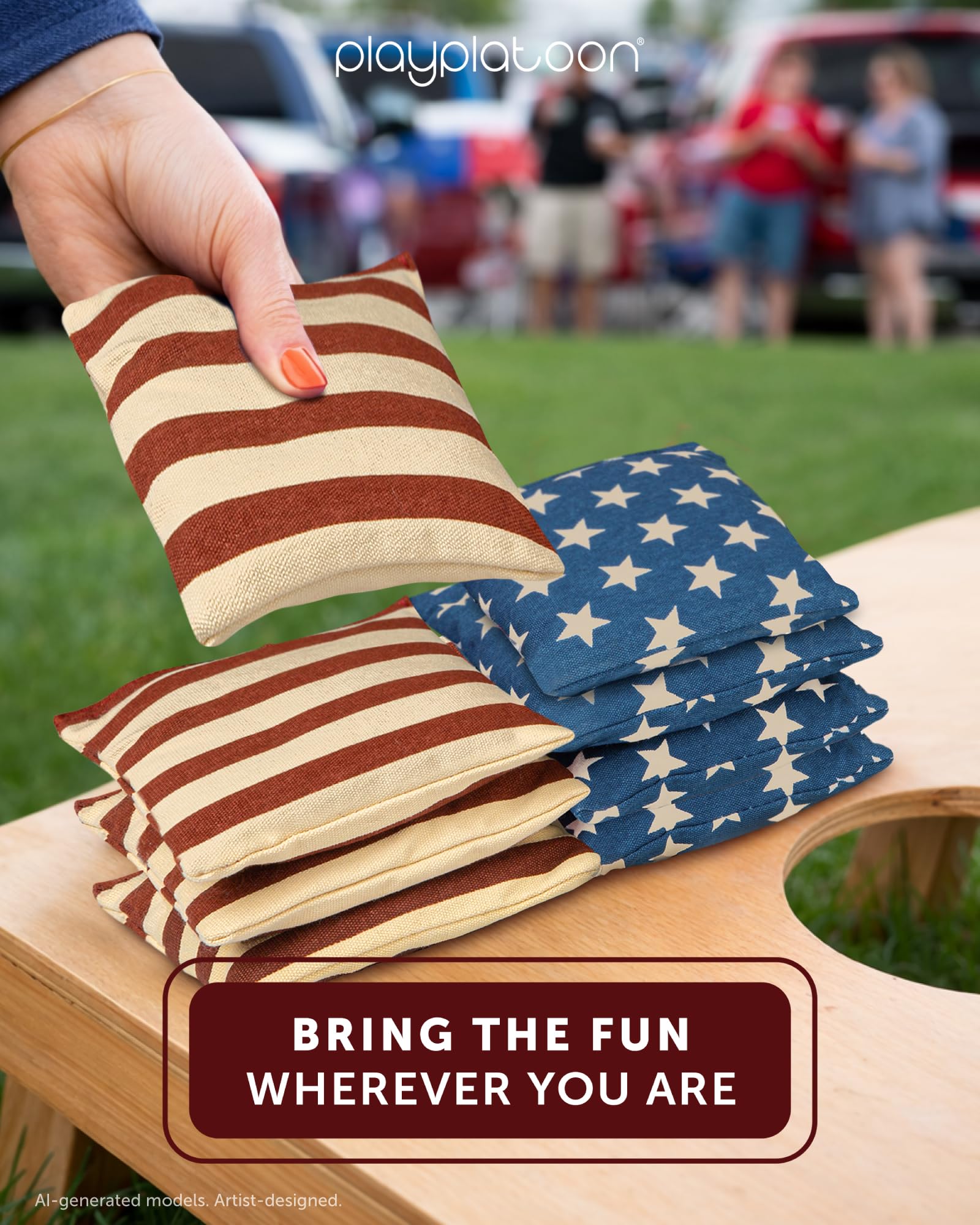 Play Platoon bags in use on a backyard cornhole board showing reliable play benefit
