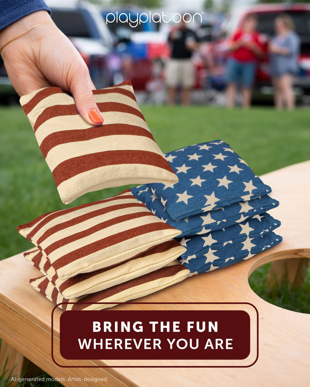 Play Platoon bags in use on a backyard cornhole board showing reliable play benefit
