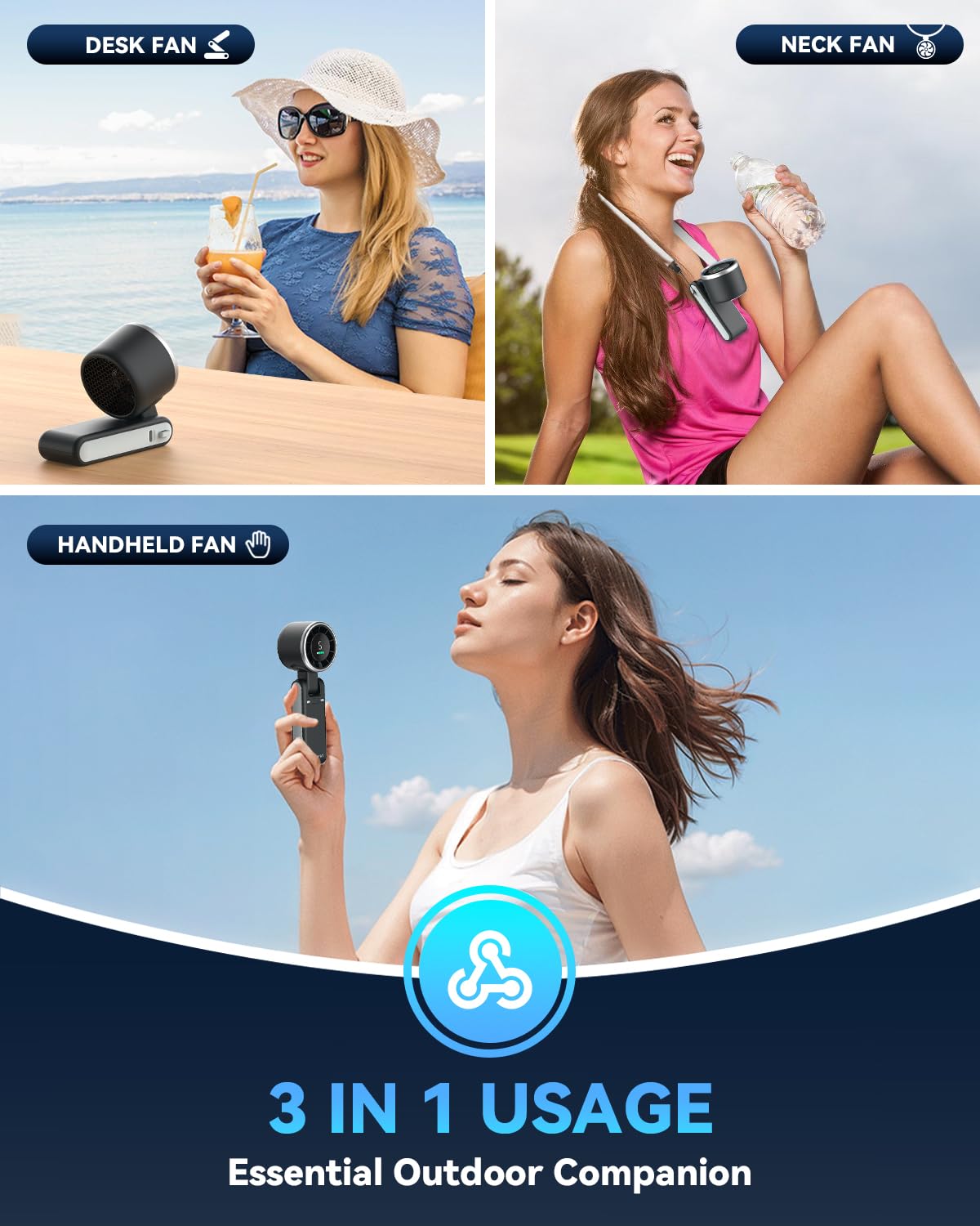 PlayHot ventilador plegado 180° mostrando su portabilidad y versatilidad