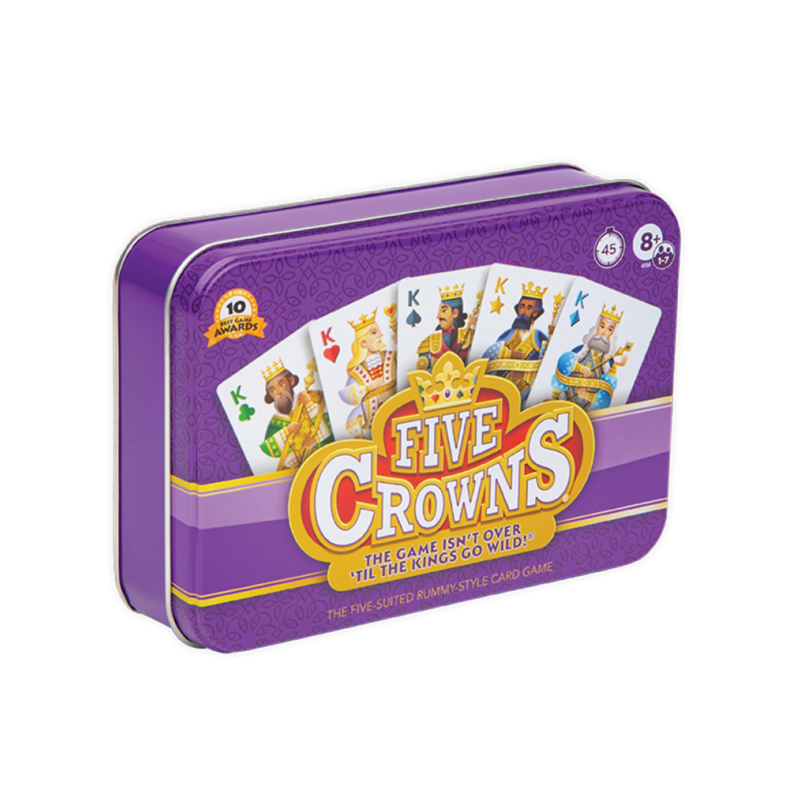 PlayMonster lata frontal del juego Five Crowns, ideal para regalo y almacenamiento