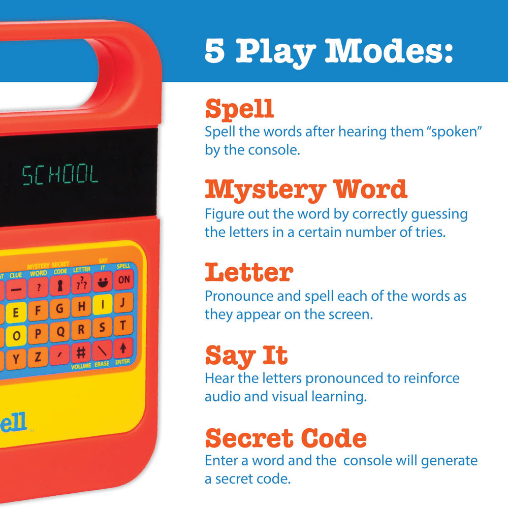 PlayMonster Speak & Spell comparación de tamaño junto a una mano, portátil y fácil de llevar