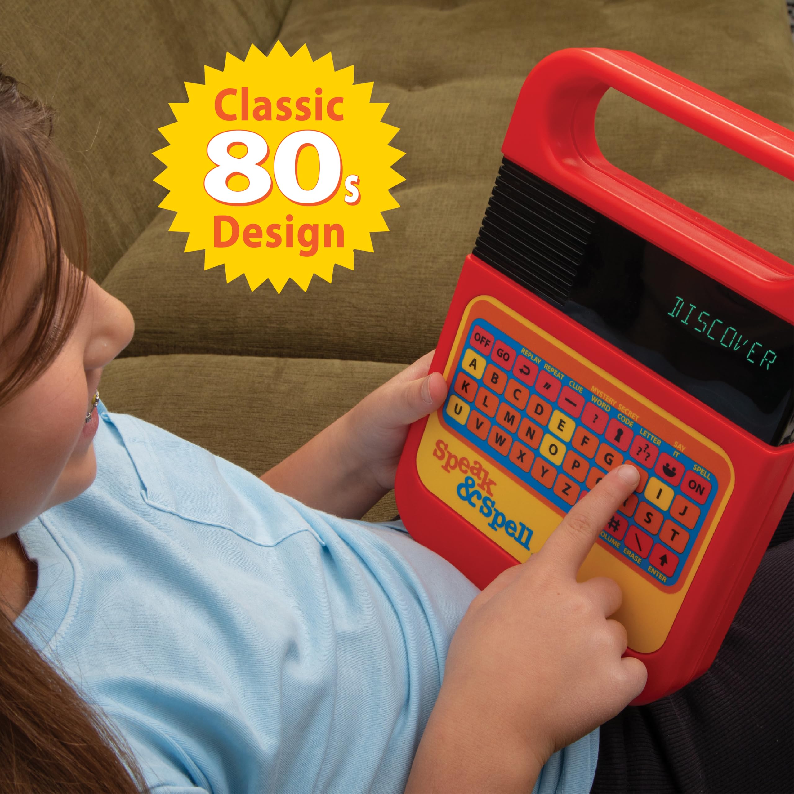 PlayMonster Speak & Spell detalle del teclado con letras grandes, facilita el aprendizaje táctil