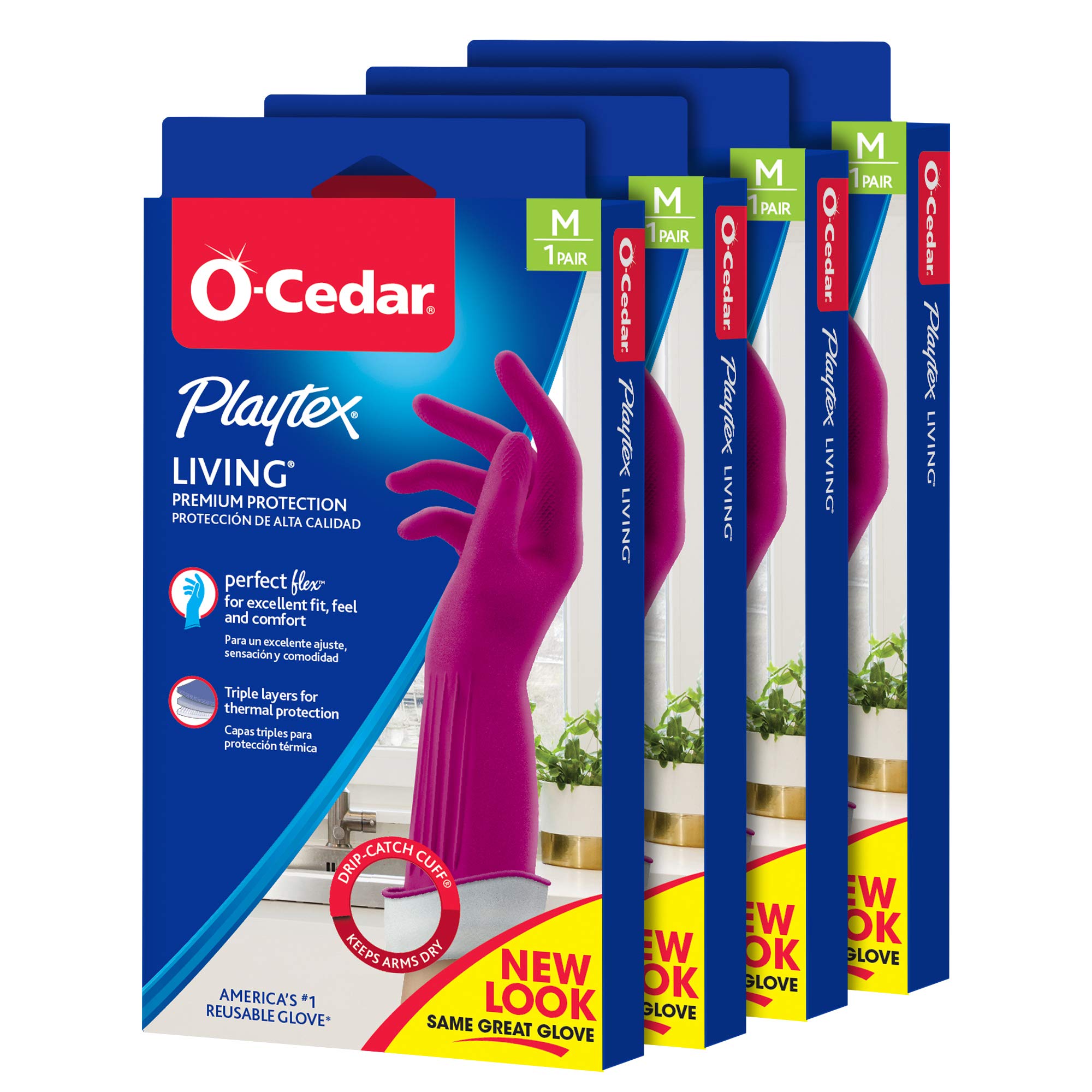 PLAYTEX O-Cedar frente del paquete mostrando 4 pares y talla mediana, protección práctica