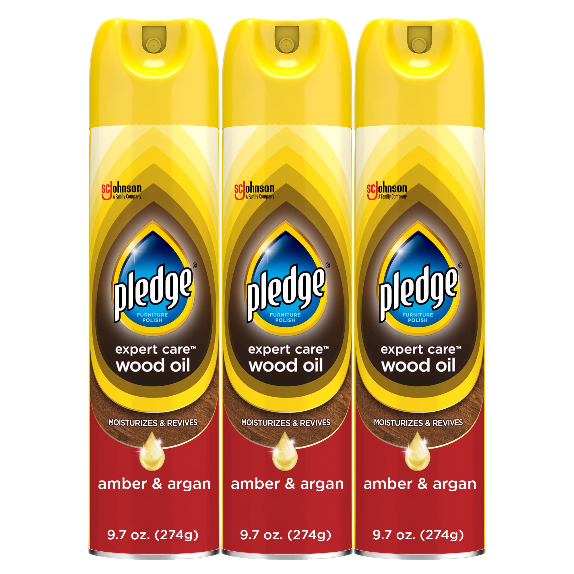 Pledge frasco frontal mostrando tamaño y aroma ámbar y argán, realza muebles