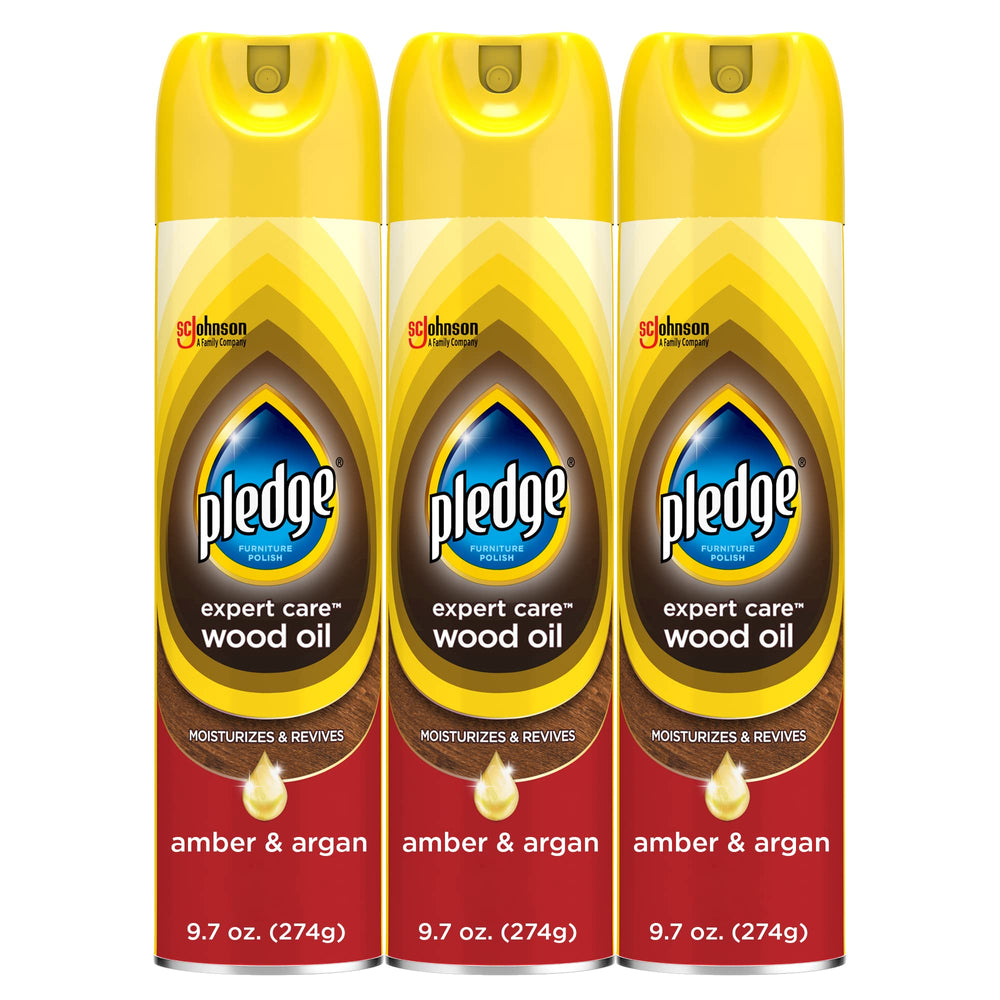 Pledge frasco frontal mostrando tamaño y aroma ámbar y argán, realza muebles