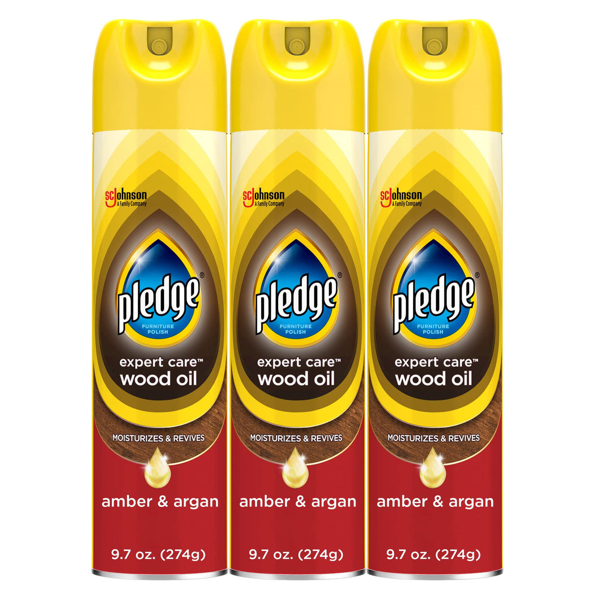 Pledge frasco frontal mostrando tamaño y aroma ámbar y argán, realza muebles