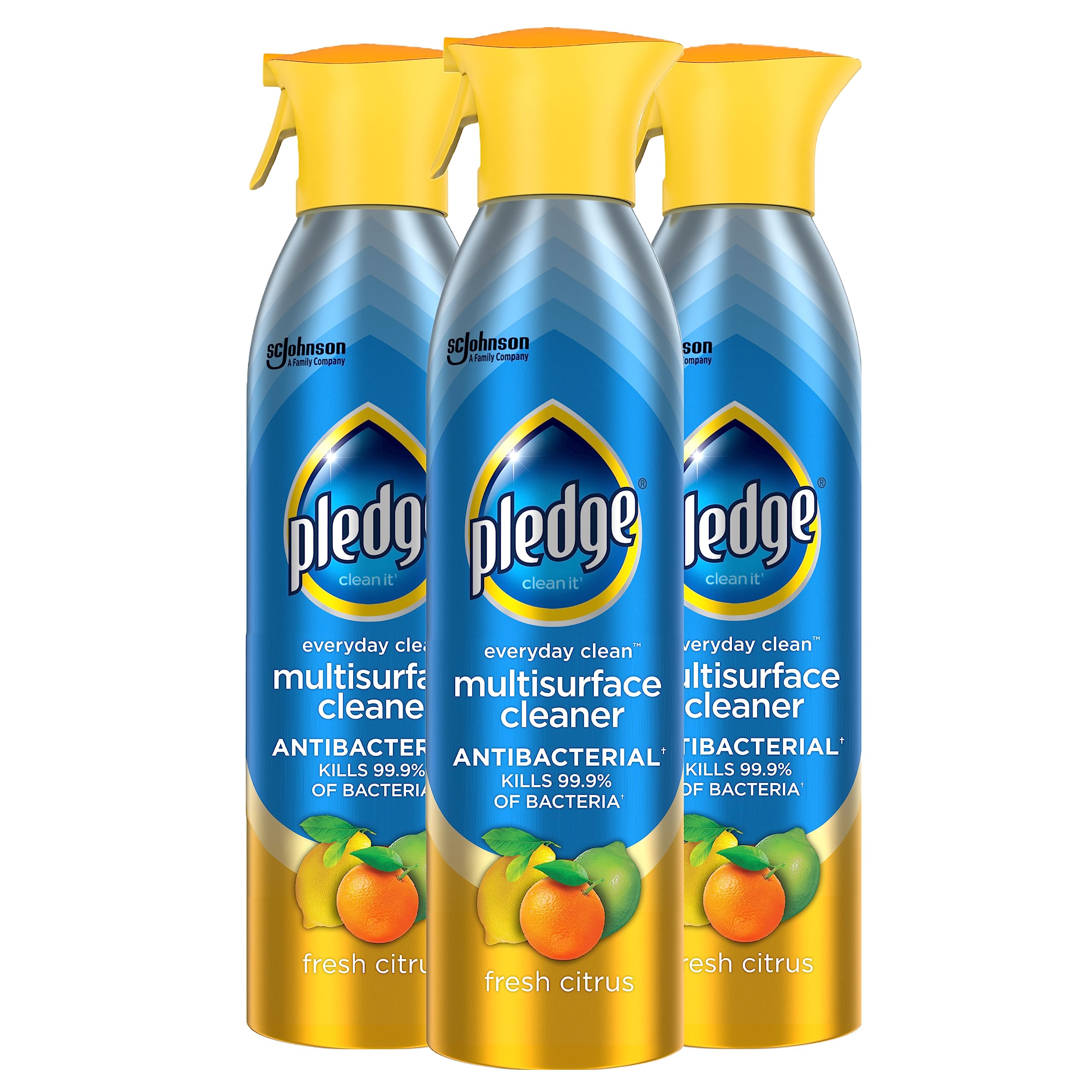 Pledge vista frontal del pack de tres botellas con aroma cítrico, limpieza práctica