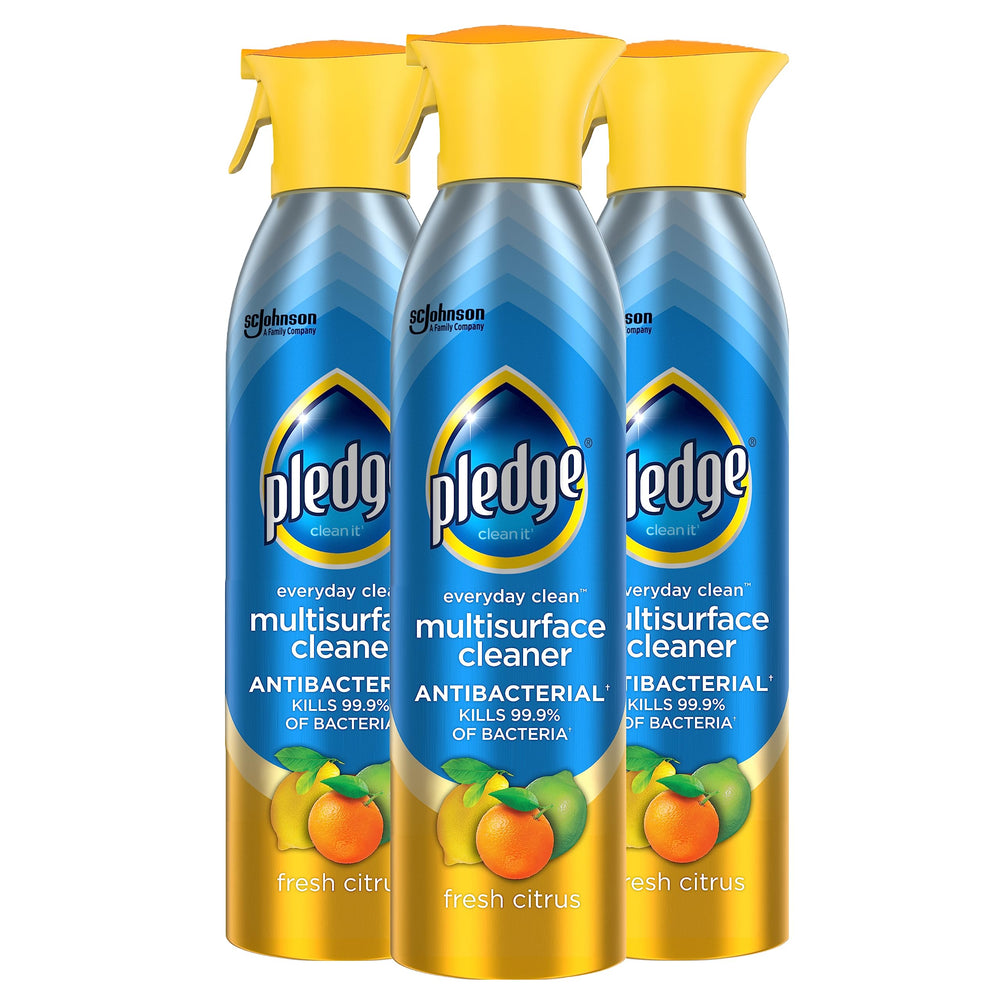 Pledge vista frontal del pack de tres botellas con aroma cítrico, limpieza práctica