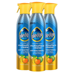 Pledge vista frontal del pack de tres botellas con aroma cítrico, limpieza práctica