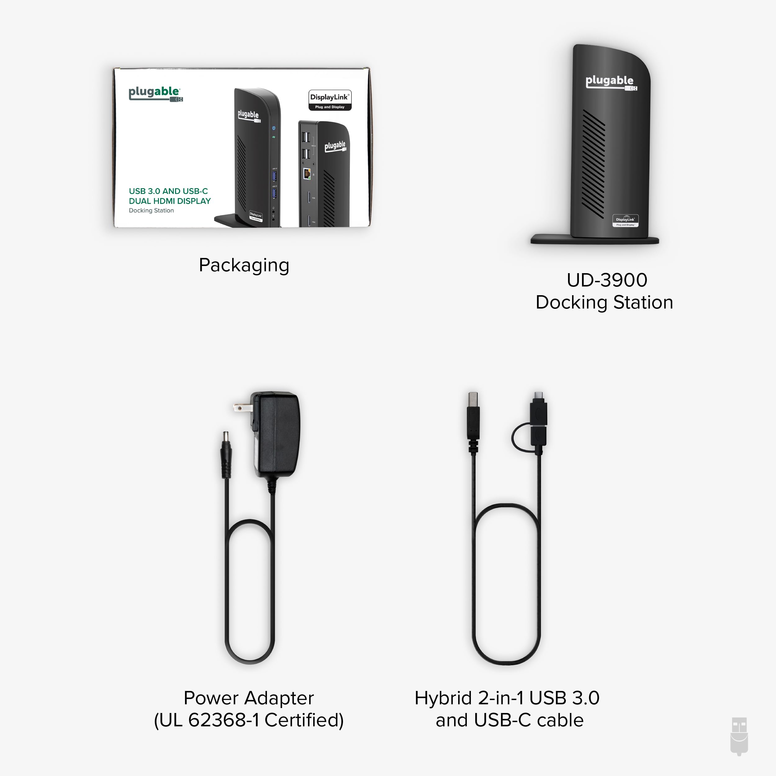 Plugable UD-3900 etiqueta con número de modelo y cumplimiento TAA claro