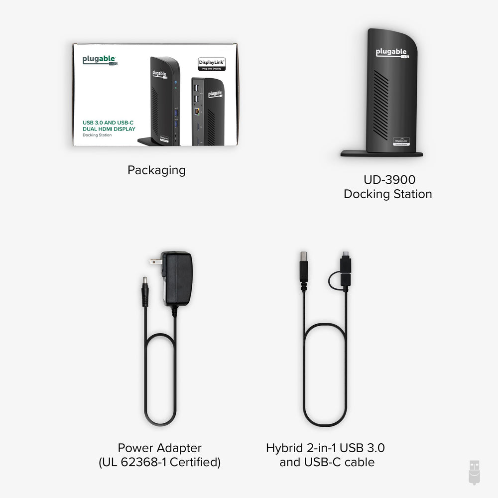 Plugable UD-3900 etiqueta con número de modelo y cumplimiento TAA claro