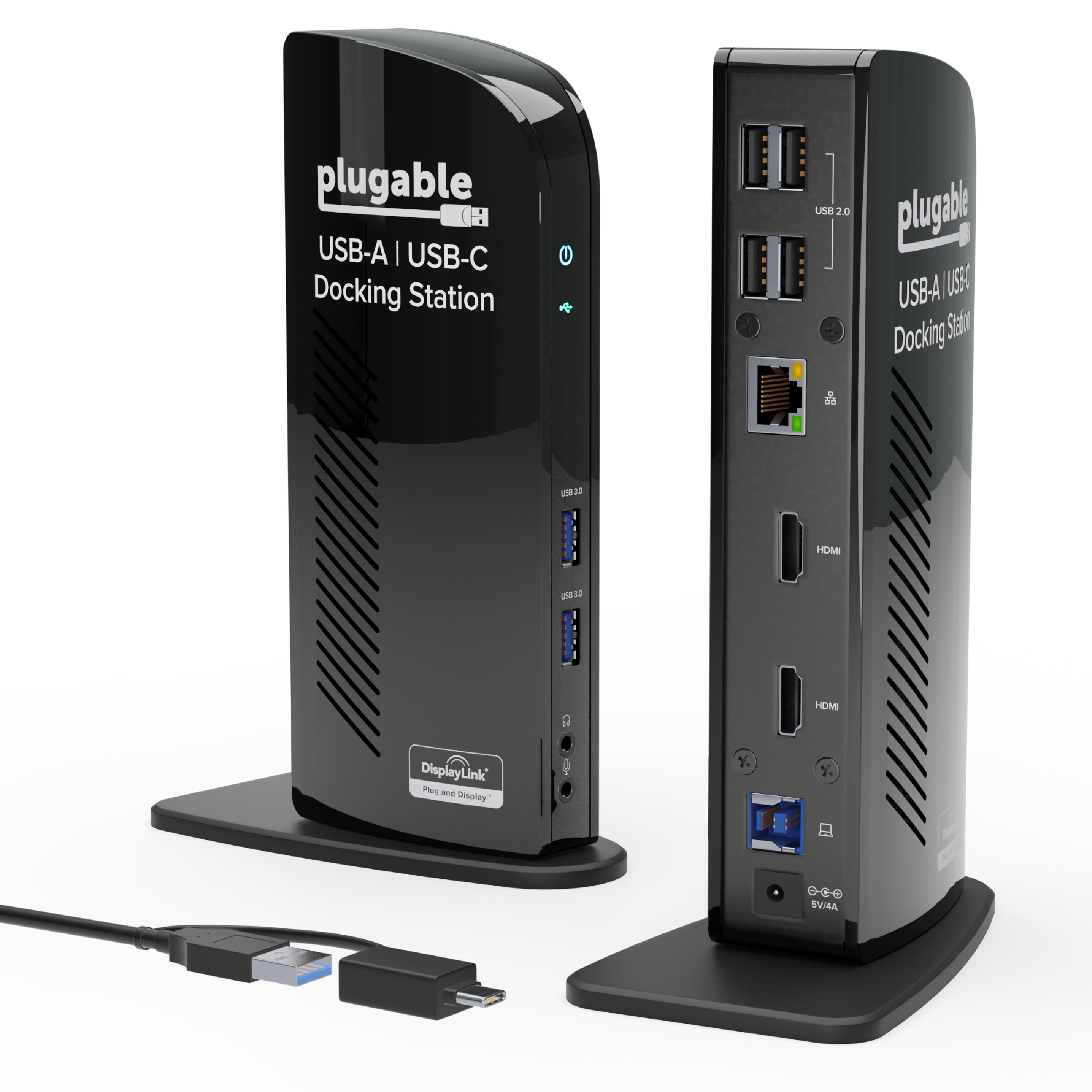 Plugable UD-3900 frente y empaque mostrando conectividad y beneficios