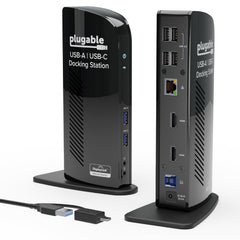 Plugable UD-3900 frente y empaque mostrando conectividad y beneficios