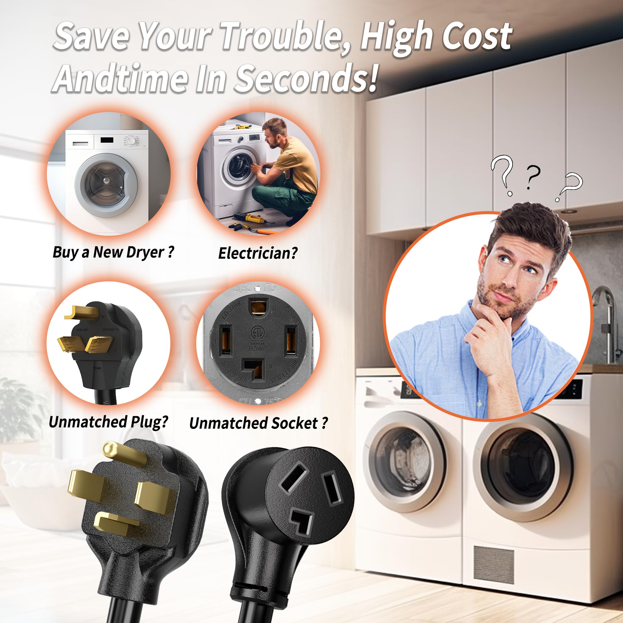 PlugSaf adaptador conectado a una secadora, uso práctico y compacto