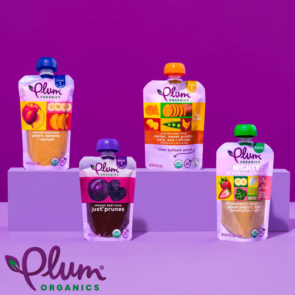 Plum Organics pack de 12 pouches mostrados, suministro múltiple práctico