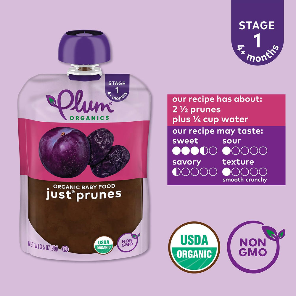Plum Organics primer plano de la textura del puré, apariencia suave y homogénea
