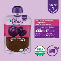 Plum Organics primer plano de la textura del puré, apariencia suave y homogénea