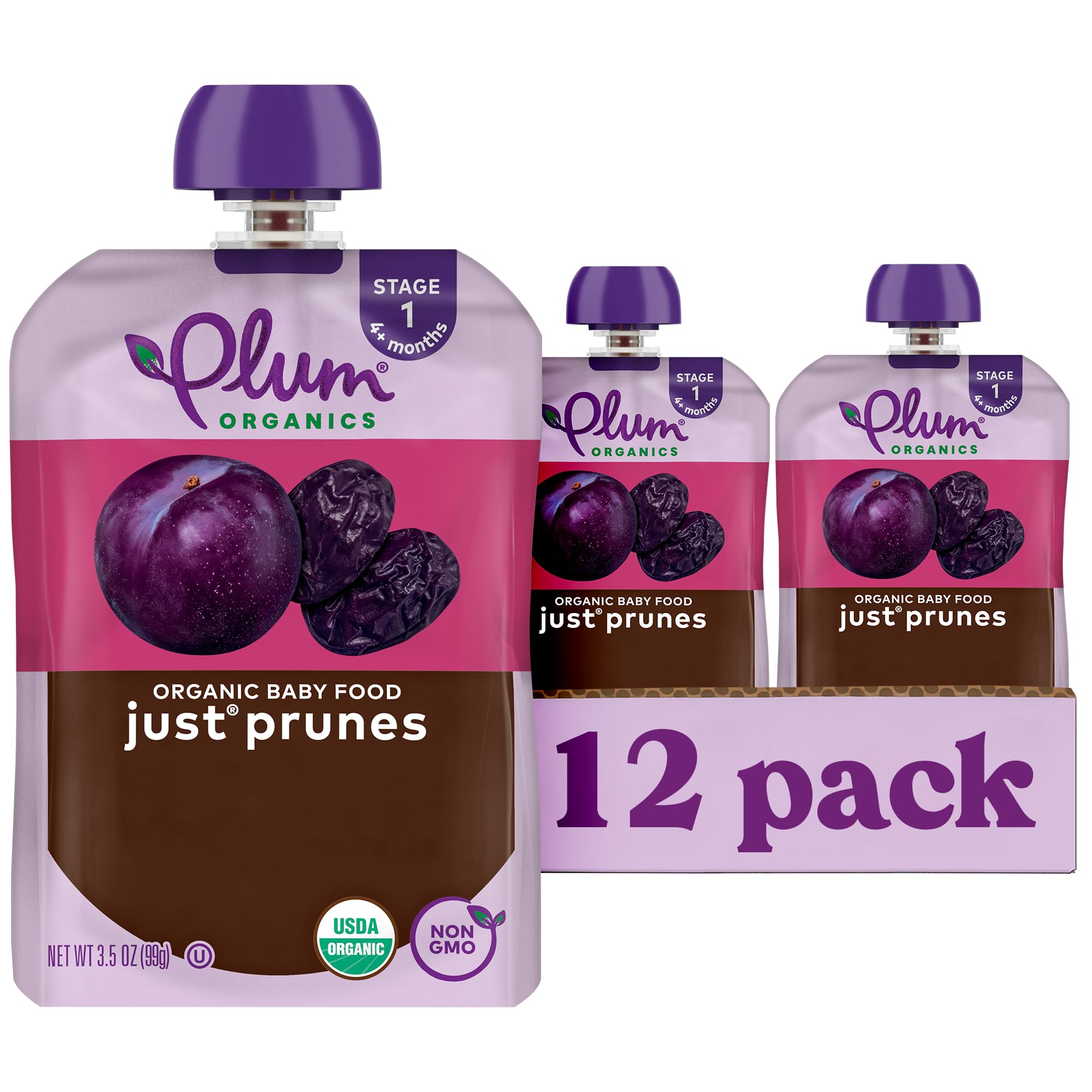 Plum Organics frente del paquete mostrando envase y marca, práctico para viajes