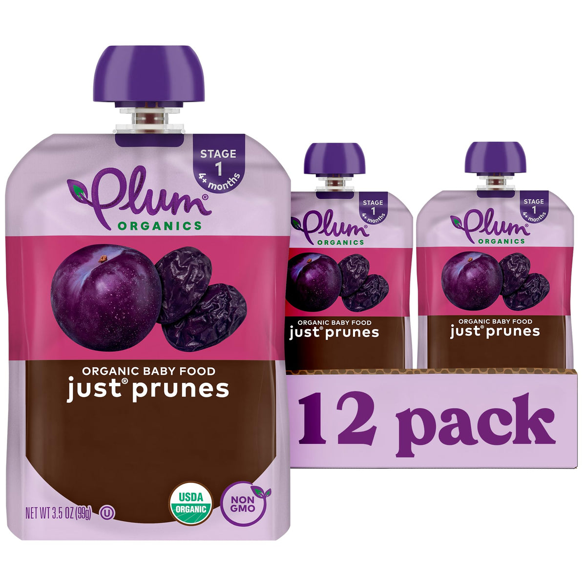 Plum Organics frente del paquete mostrando envase y marca, práctico para viajes