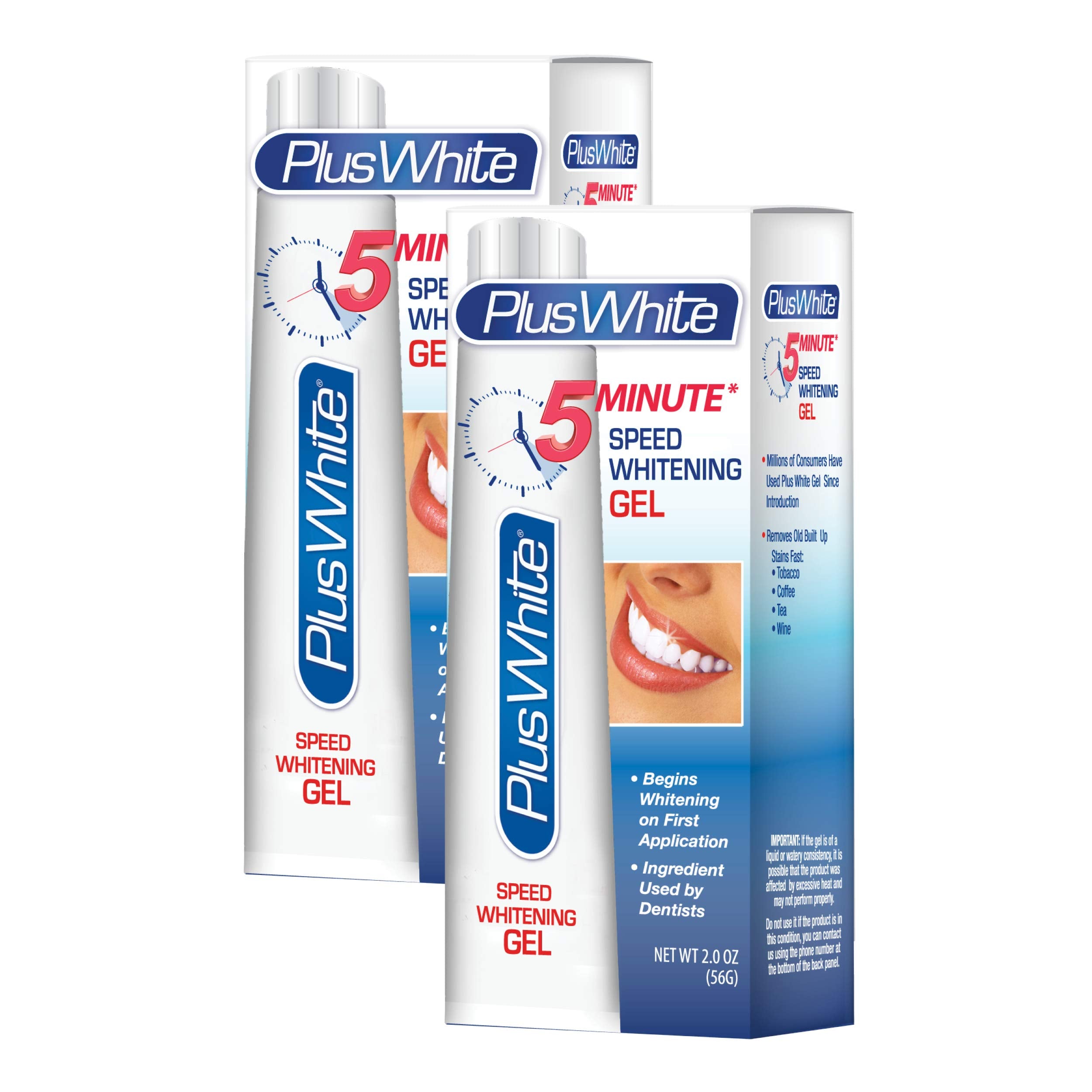 Plus White front packaging showing two-tube pack and quick whitening benefit