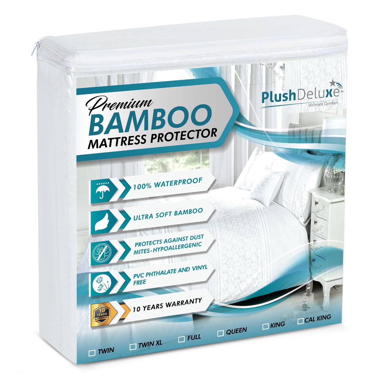 PlushDeluxe vista frontal del protector Bamboo Full mostrando el diseño y packaging