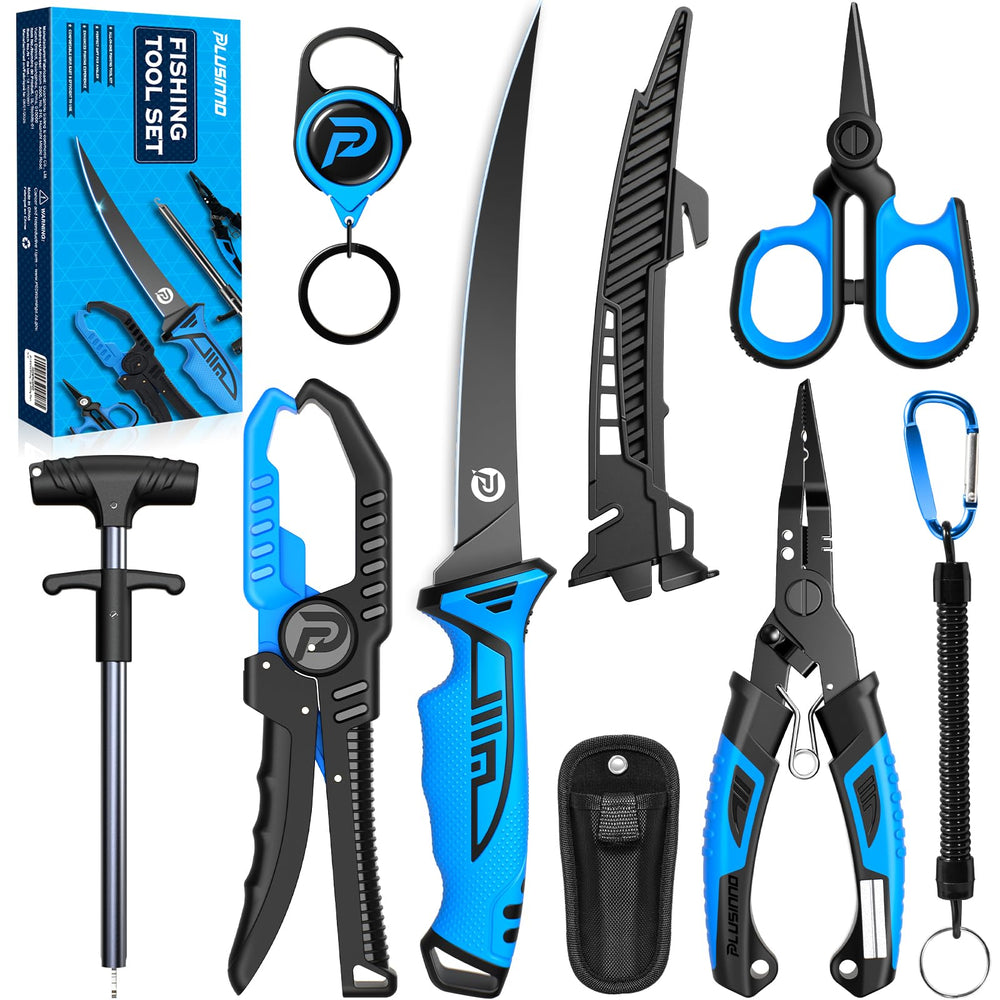 PLUSINNO kit frontal mostrando las siete herramientas, organizado para pesca y portátil
