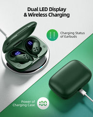 PocBuds estuche con pantalla digital mostrando nivel de batería claramente
