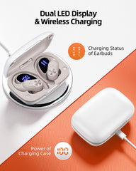 PocBuds estuche abierto con pantalla LED digital mostrando nivel de batería