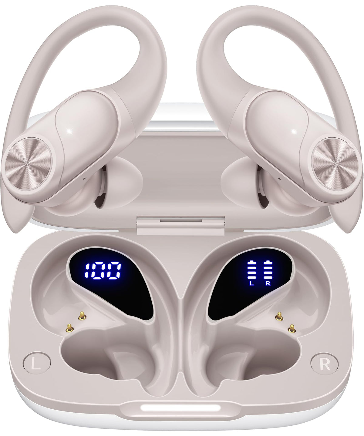 PocBuds vista frontal de los auriculares beige mostrando diseño y acabado deportivo