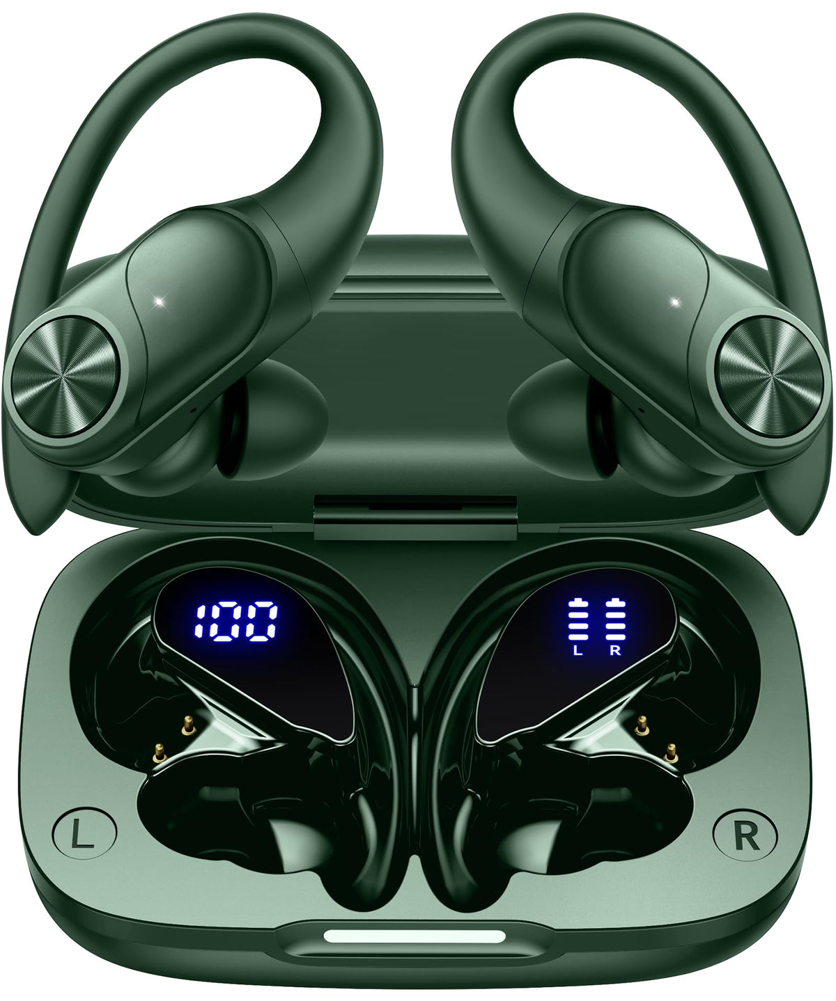 PocBuds vista frontal del auricular oliva mostrando diseño y ajuste seguro