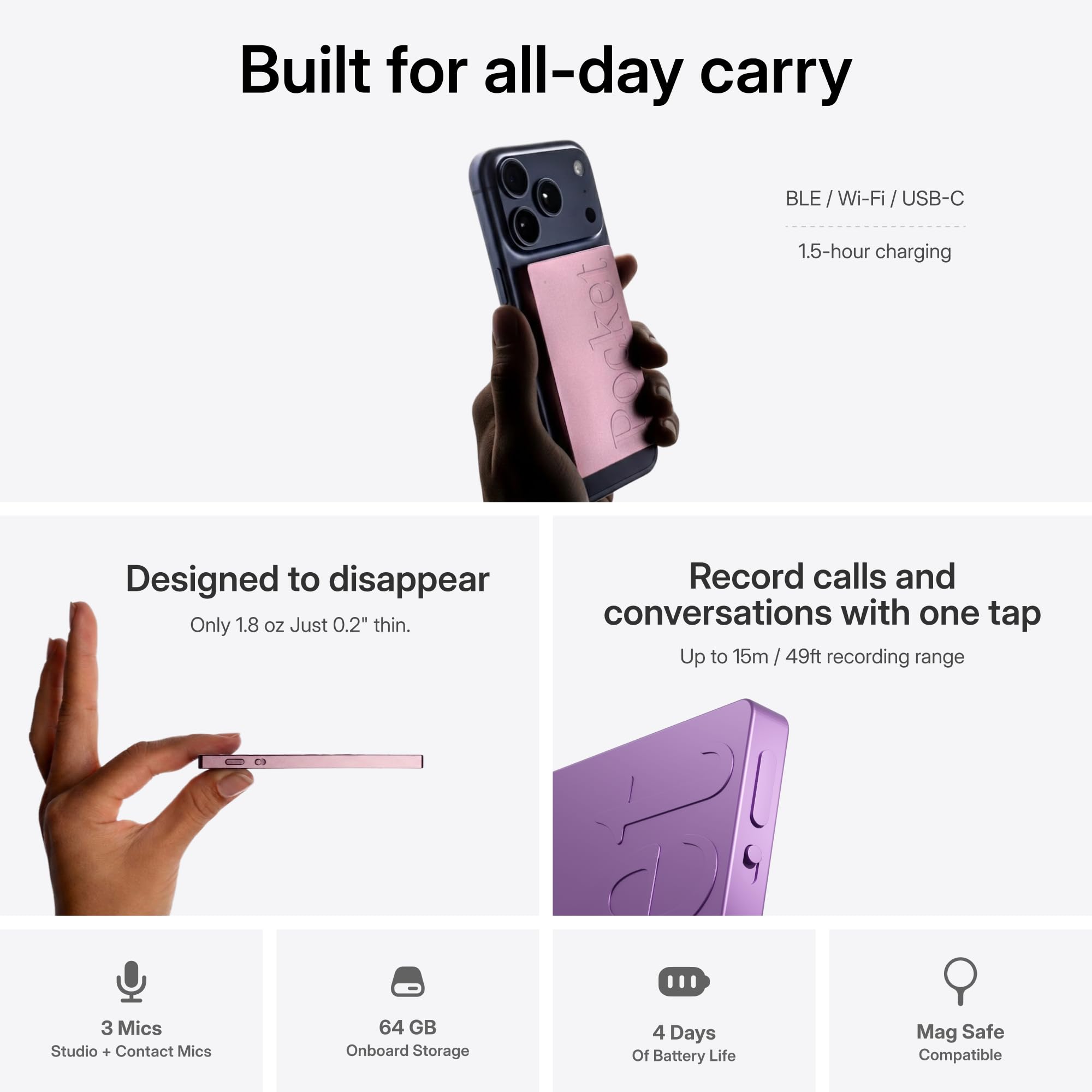 Pocket conectado por MagSafe a un iPhone, Pocket facilita grabación manos libres
