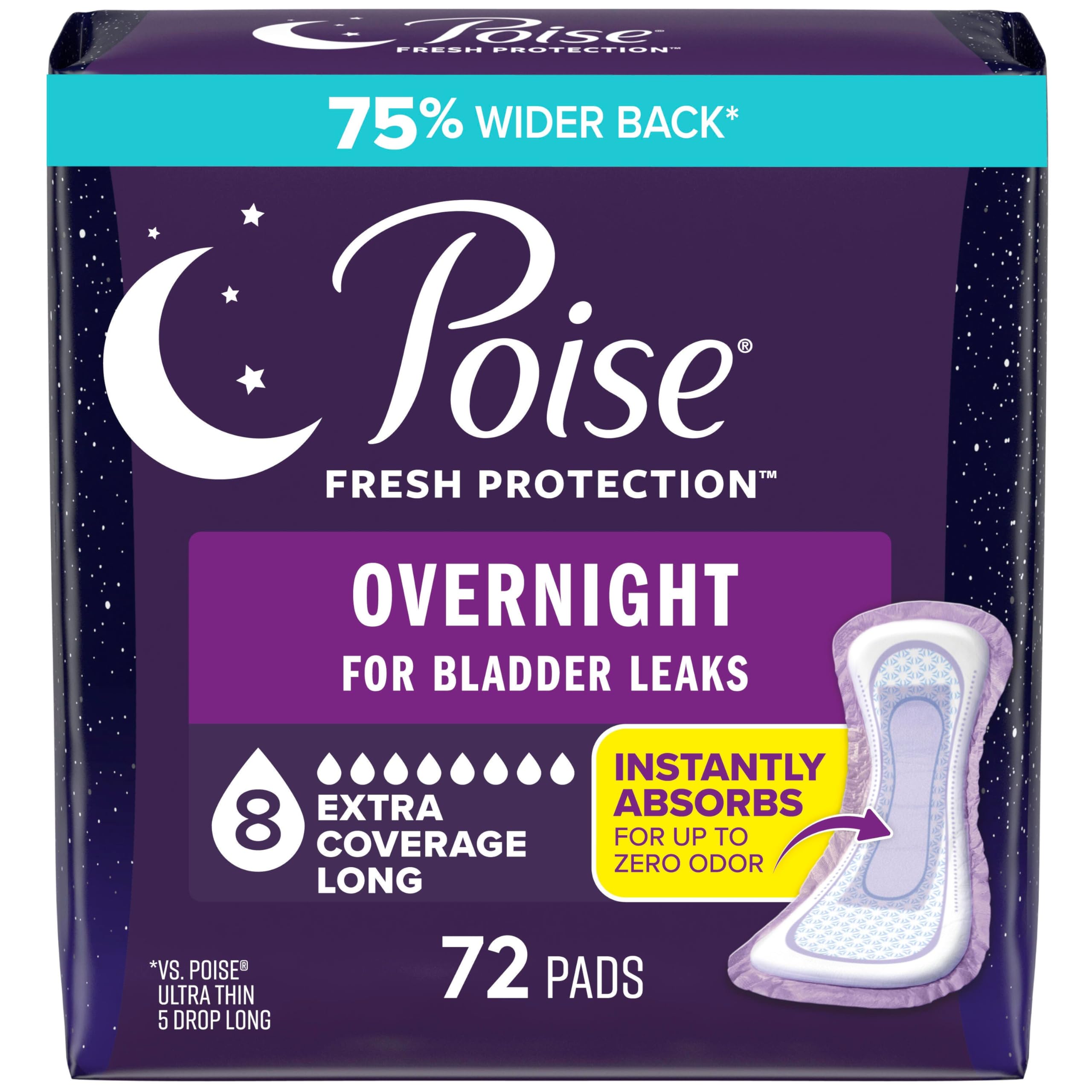 Poise empaque frontal mostrando 72 almohadillas y protección nocturna