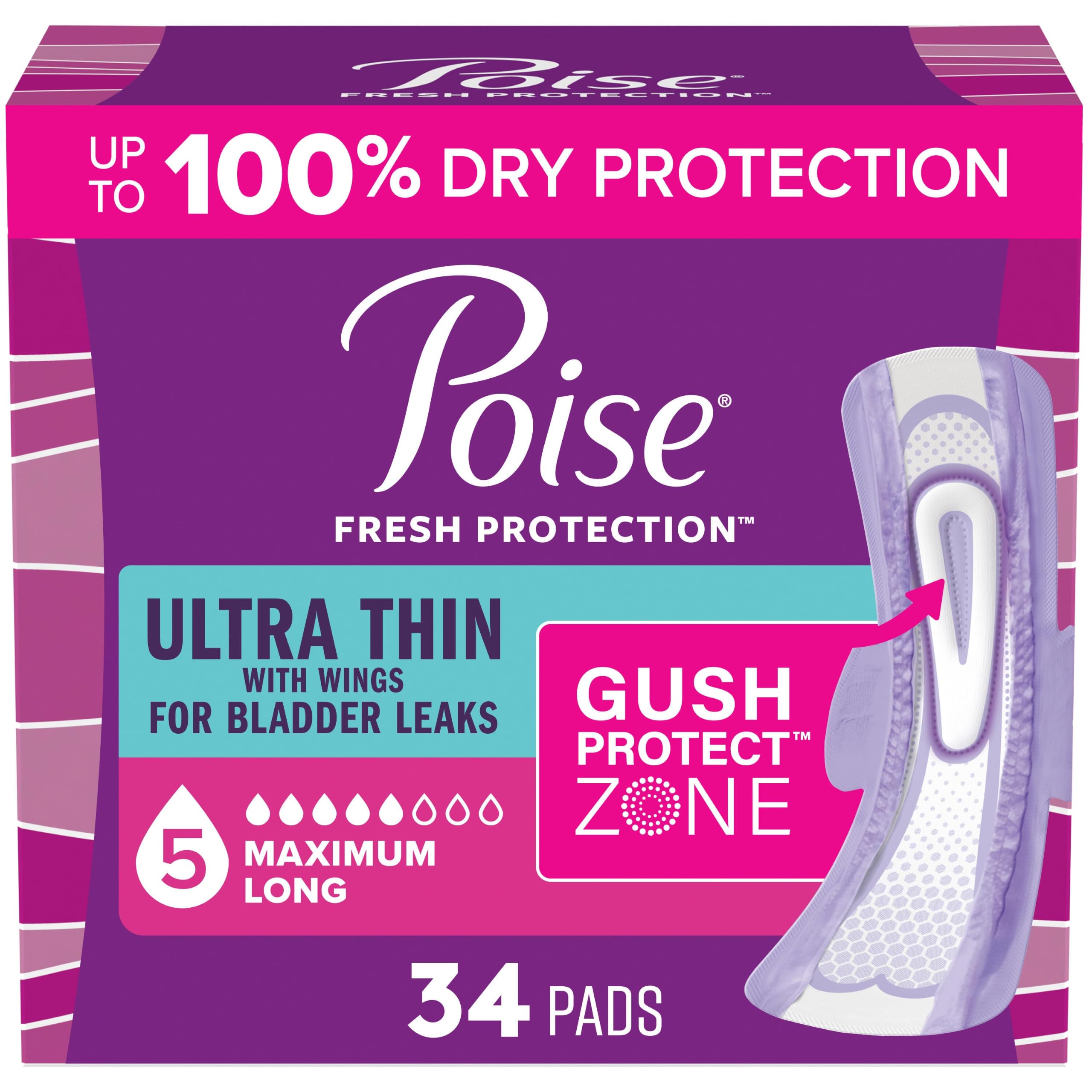 Poise empaque frontal 34 unidades mostrando absorción máxima y tamaño largo