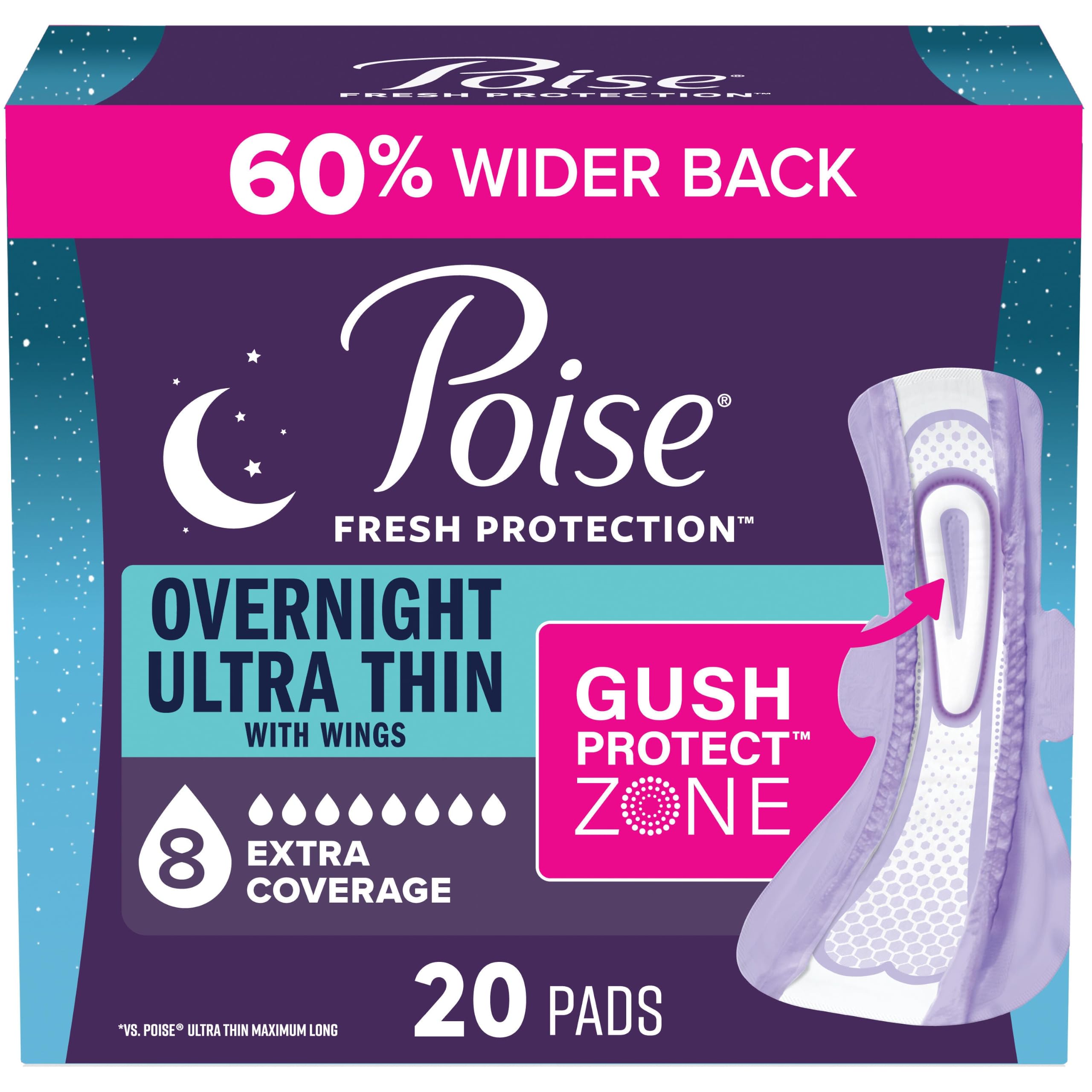 Poise paquete frontal nocturno mostrando cantidad y nivel 8 Drop para confianza