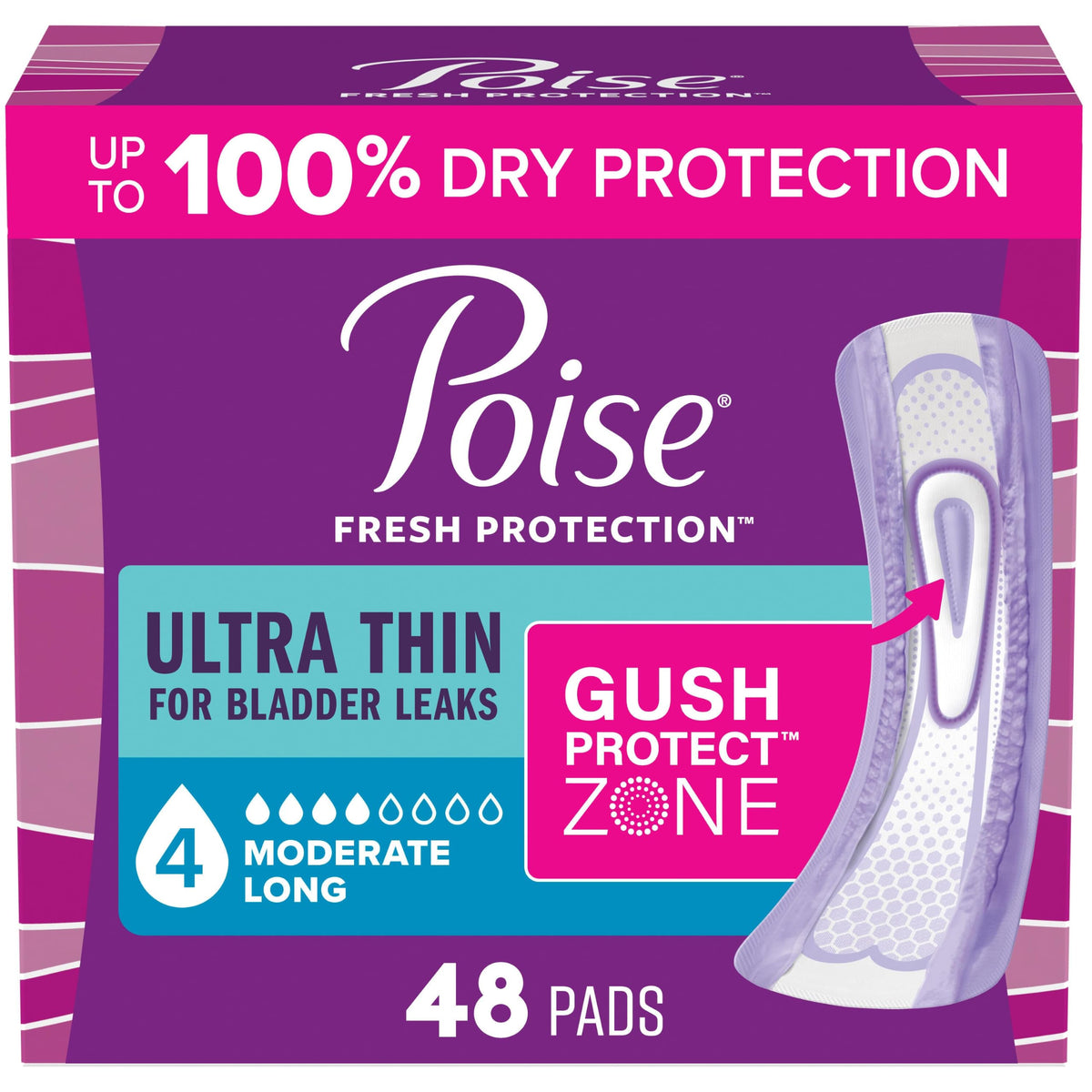 Poise empaque frontal mostrando 48 compresas y beneficio de protección discreta