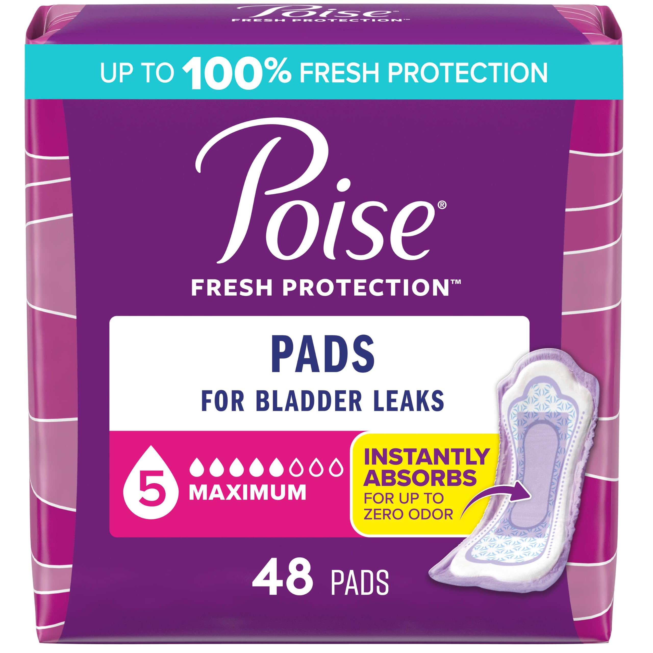 Poise frontal empaque mostrando 48 almohadillas y beneficio de absorción