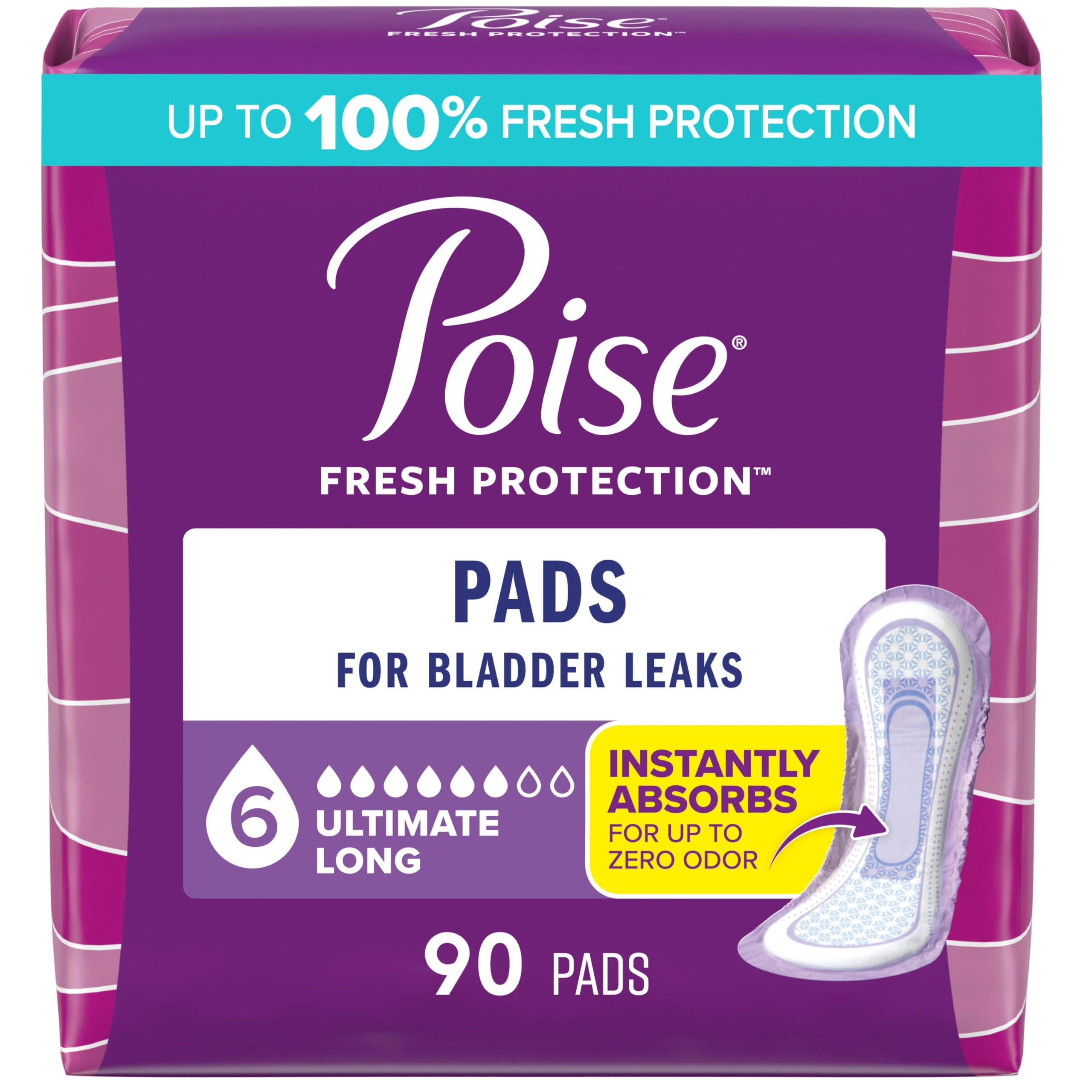 Poise empaque frontal mostrando 90 compresas y protección completa