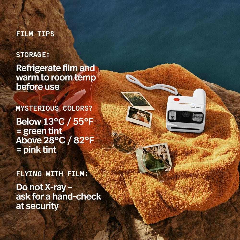 Etiqueta del cartucho Polaroid Go con instrucciones de almacenamiento claro