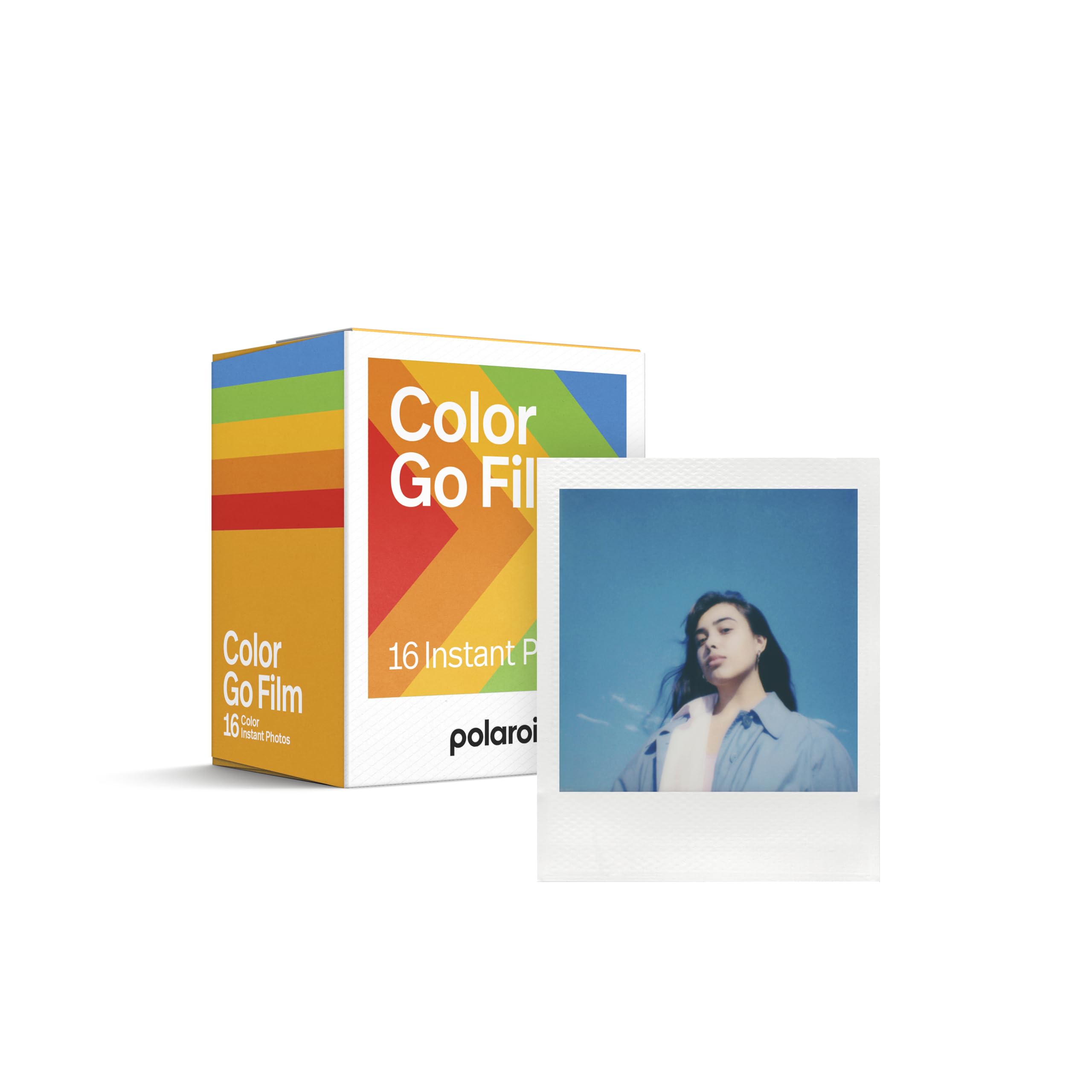 Polaroid Go paquete frontal mostrando 16 fotos listo para usar