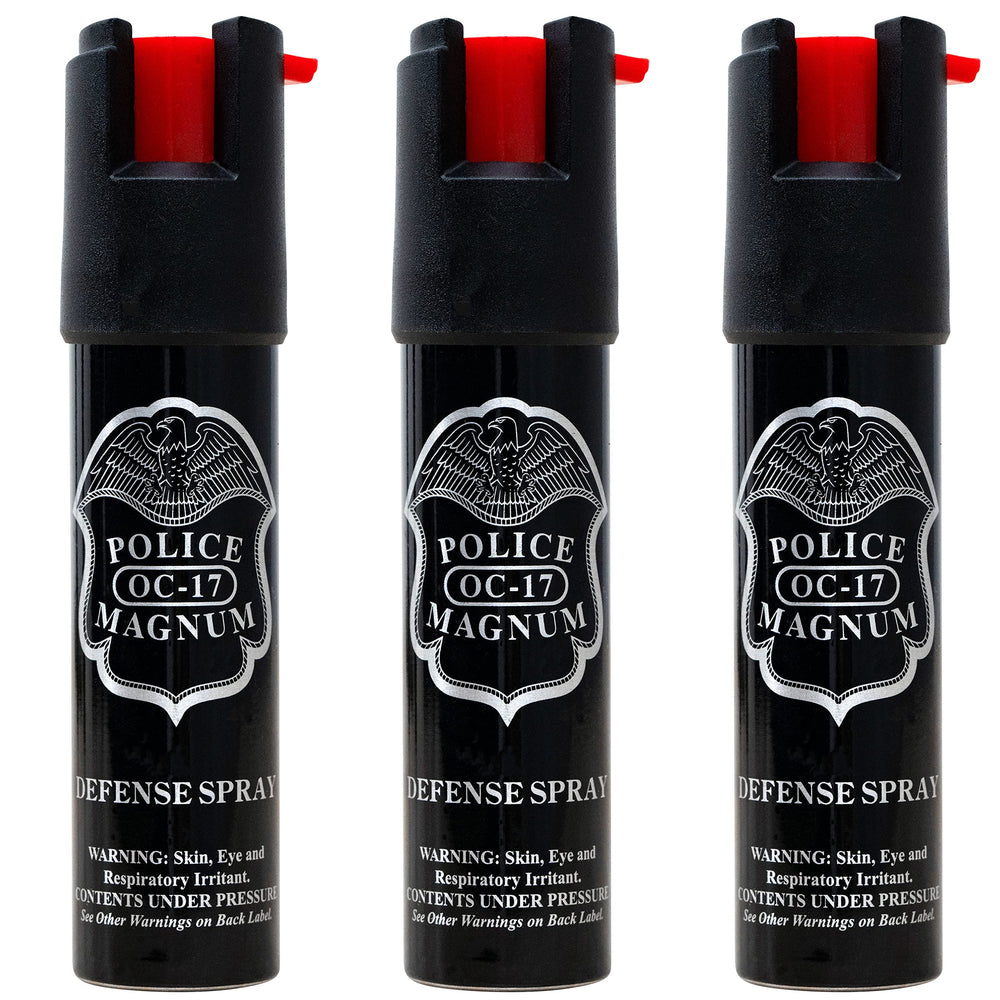 POLICE MAGNUM paquete frontal mostrando las tres latas y beneficio portabilidad