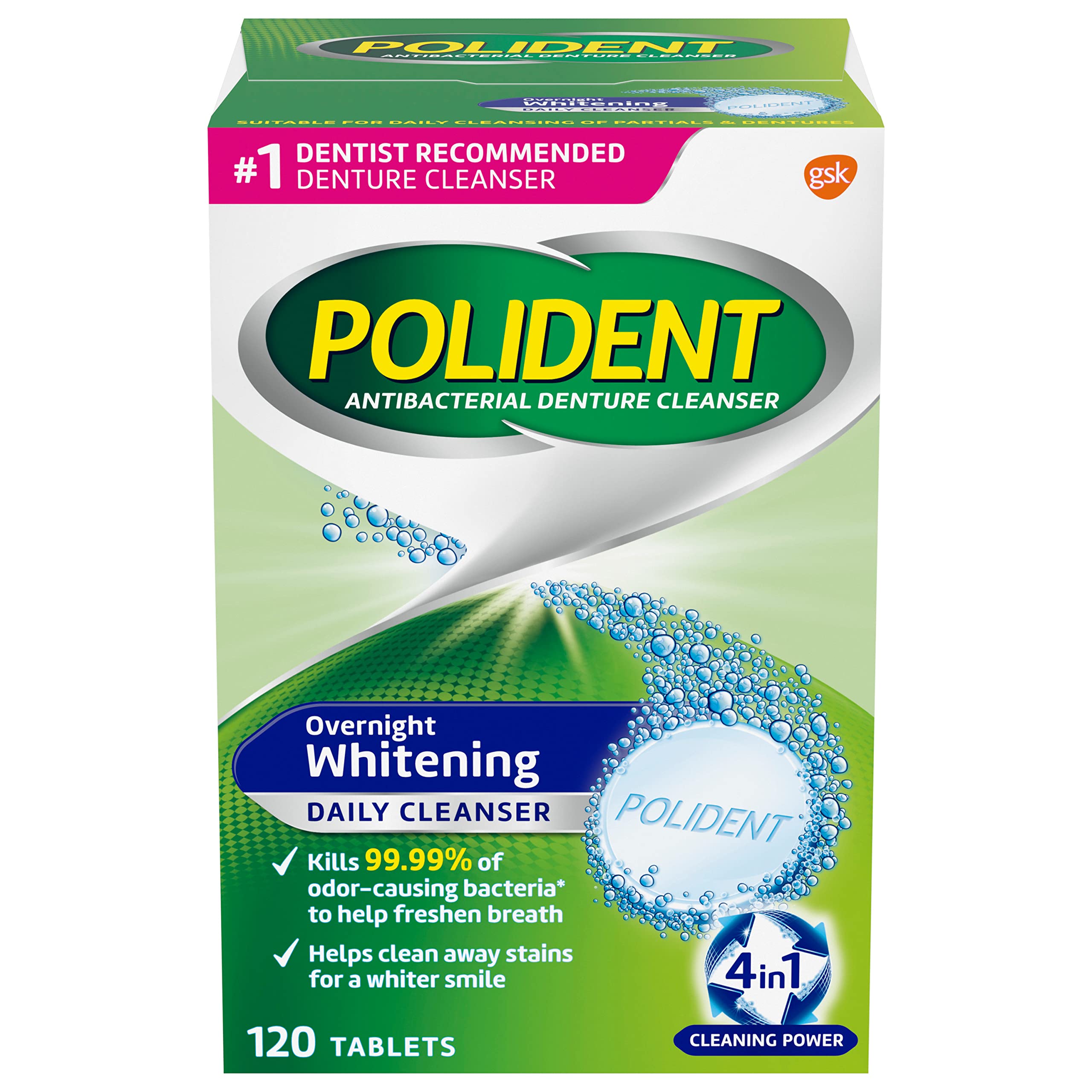 Polident caja frontal mostrando 120 tabletas y beneficio de limpieza nocturna