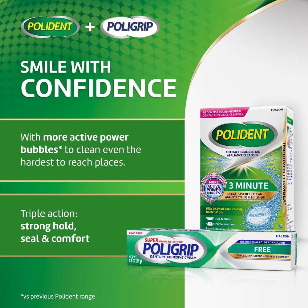 Poligrip Free etiqueta informativa mostrando ingredientes y beneficios