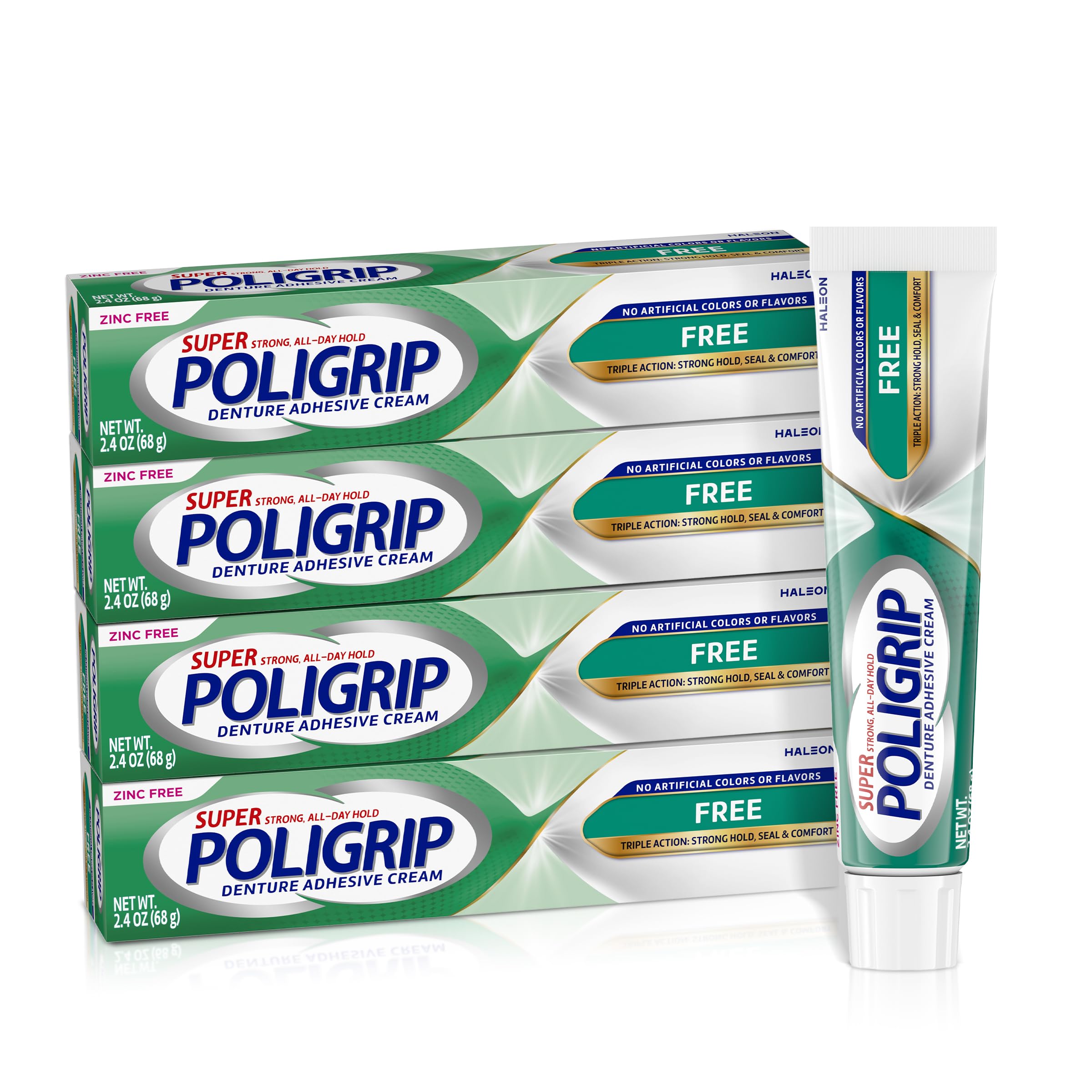 Poligrip Free frente del tubo mostrando el envase y beneficio de sujeción